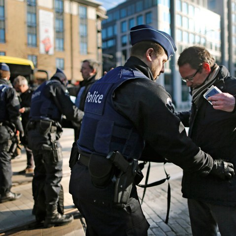 Police man a security checkpoint outside the Midi train station following bomb attacks in Brussels, Belgium, March 22, 2016. (Photo by Christian Hartmann/Reuters)