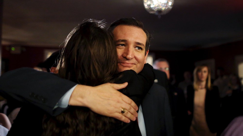 Republican presidential candidate Ted Cruz embraces a supporter during a rally in New York, March 23, 2016. (Photo by Pearl Gabel/Reuters)