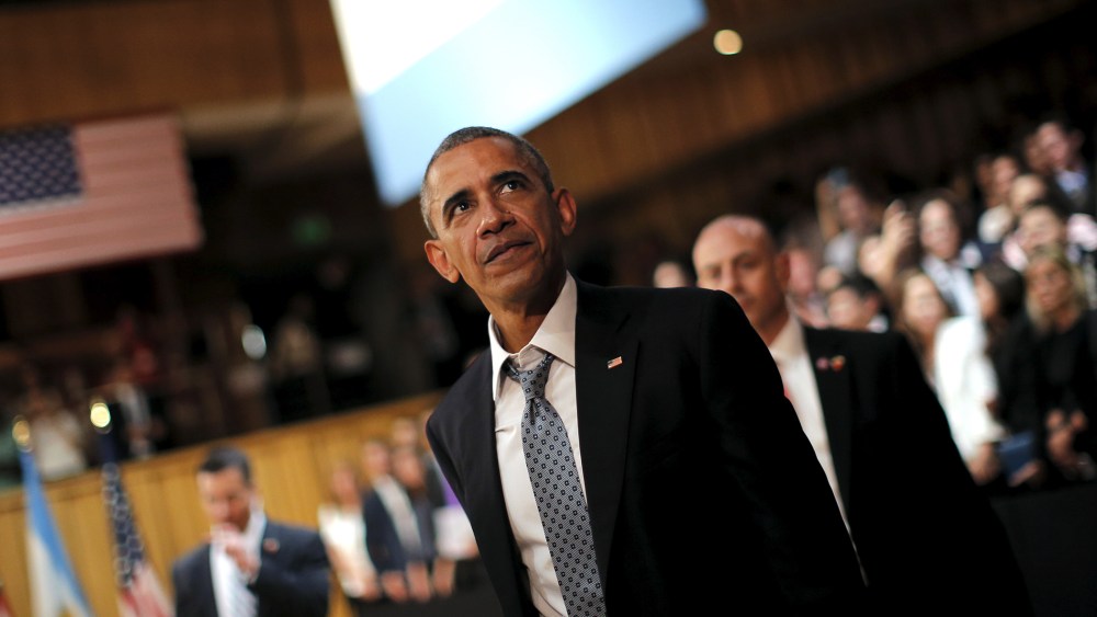 President Barack Obama leaves a town hall meeting with entrepreneurs as part of Obama's two-day visit to Argentina, in Buenos Aires, March 23, 2016. (Photo by Carlos Barria/Reuters)
