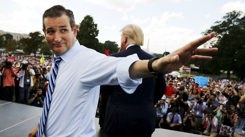 U.S. Republican presidential candidates Senator Ted Cruz and businessman Donald Trump walk onstage as they address a Tea Party rally against the Iran nuclear deal at the U.S. Capitol in Washington September 9, 2015. (Photo by Jonathan Ernst/Reuters)