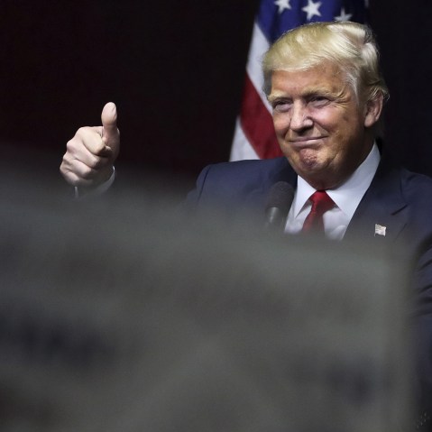U.S. Republican presidential candidate Donald Trump speaks on stage during campaign event at Grumman Studios in Bethpage, N.Y. on April 6, 2016. (Photo by Carlo Allegri/Reuters)