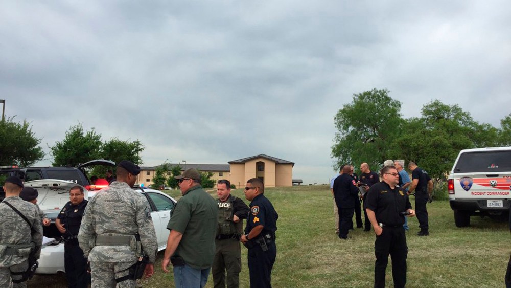 Bexar County Sheriff's deputies are seen inside Lackland Air Force Base in this image tweeted by @BexarCoSheriff in San Antonio, Texas April 8, 2016. (Photo by Bexar County Sheriff/Handout/Reuters)