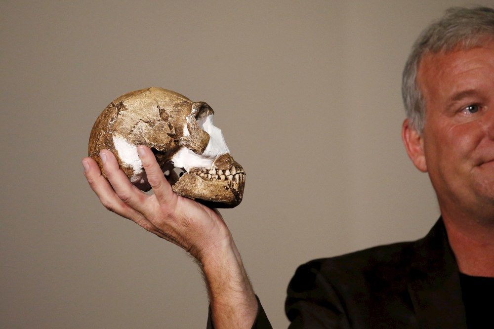 Professor Lee Berger holds a replica of the skull of a newly discovered ancient species, named "Homo naledi", during its unveiling outside Johannesburg, South Africa on Sept. 10, 2015. (Photo by Siphiwe Sibeko/Reuters)