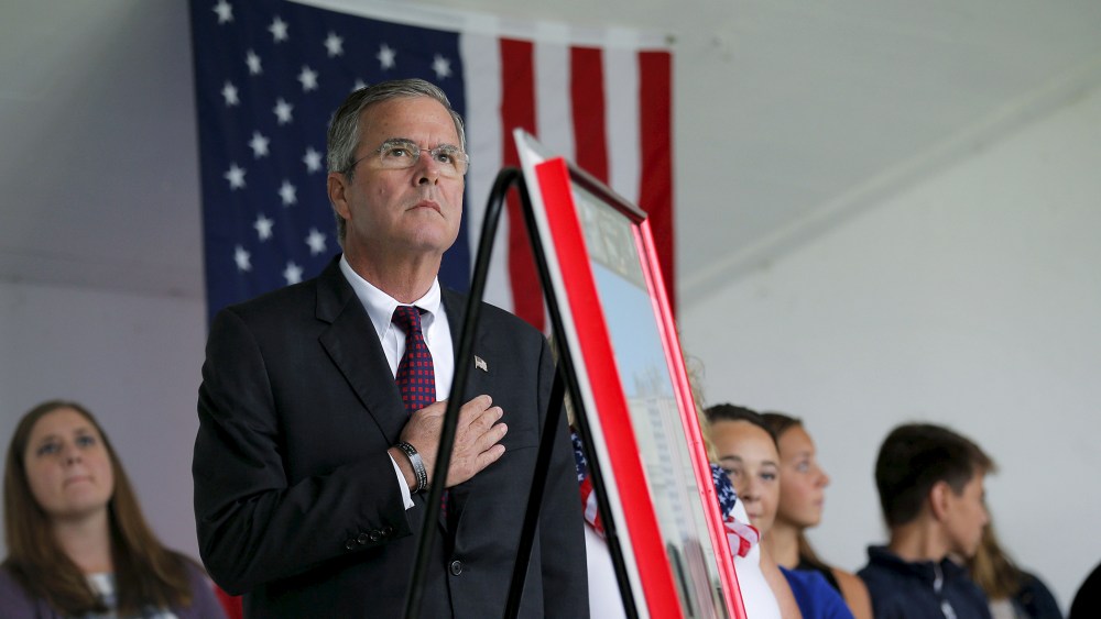 U.S. Republican presidential candidate Jeb Bush takes part in ceremonies to remember the victims of the Sept. 11, 2001 attacks in Londonderry, N.H. on Sept. 11, 2015. (Photo by Brian Snyder/Reuters)