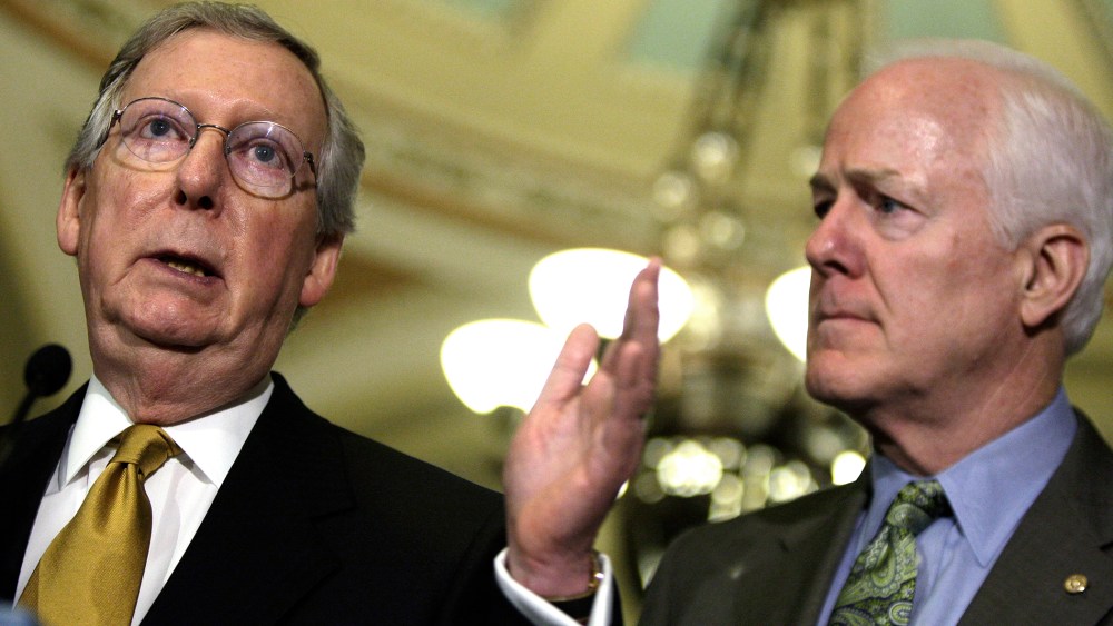 McConnell and Cornyn address reporters at the U.S. Capitol in Washington