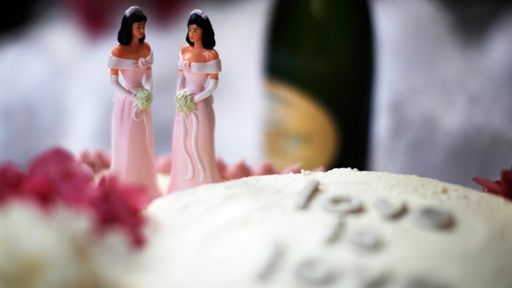 A wedding cake is seen at a reception for same-sex couples in West Hollywood, Calif., July 1, 2013.