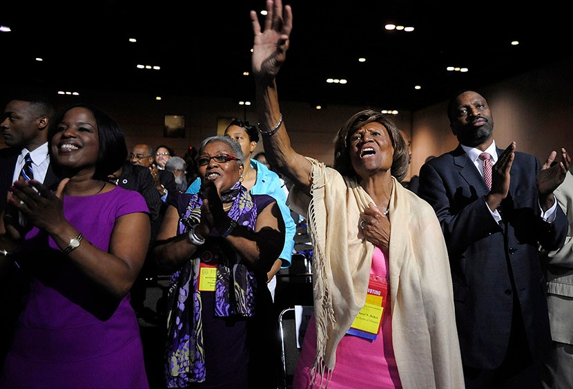 Hazel Dukes, a member of the board of directors of the National Association for the Advancement of Colored People (NAACP), cheers at the end of a speech by NAACP president Benjamin Jealous to the 2013 NAACP convention in Orlando, Florida July 15, 2013....