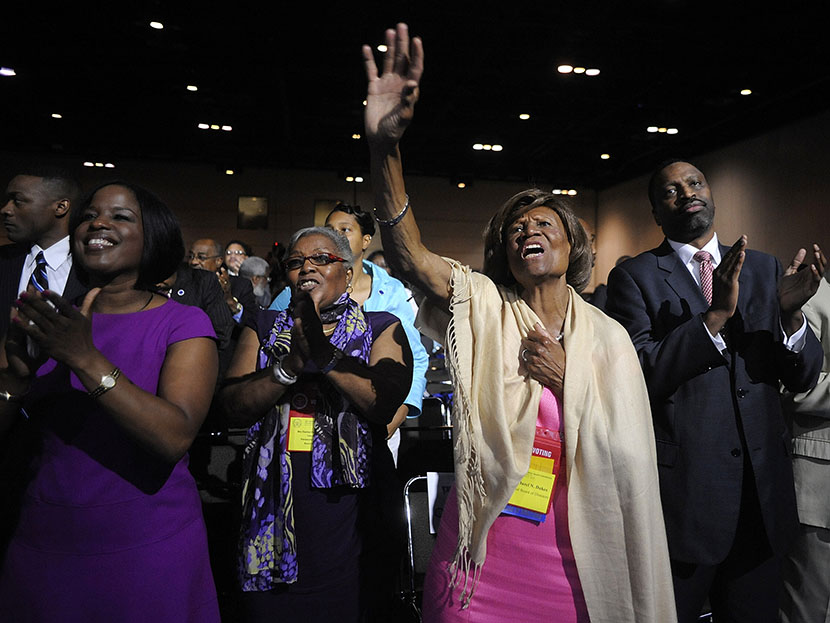 Hazel Dukes, a member of the board of directors of the National Association for the Advancement of Colored People (NAACP), cheers at the end of a speech by NAACP president Benjamin Jealous to the 2013 NAACP convention in Orlando, Florida July 15, 2013....