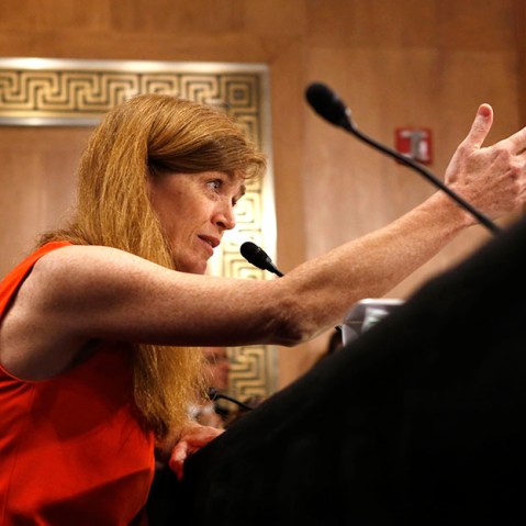 Samantha Power, a former White House aide and Harvard professor, testifies before a Senate Foreign Relations Committee confirmation hearing on her nomination to succeed Susan Rice as U.S. ambassador to the United Nations, on Capitol Hill in Washington...