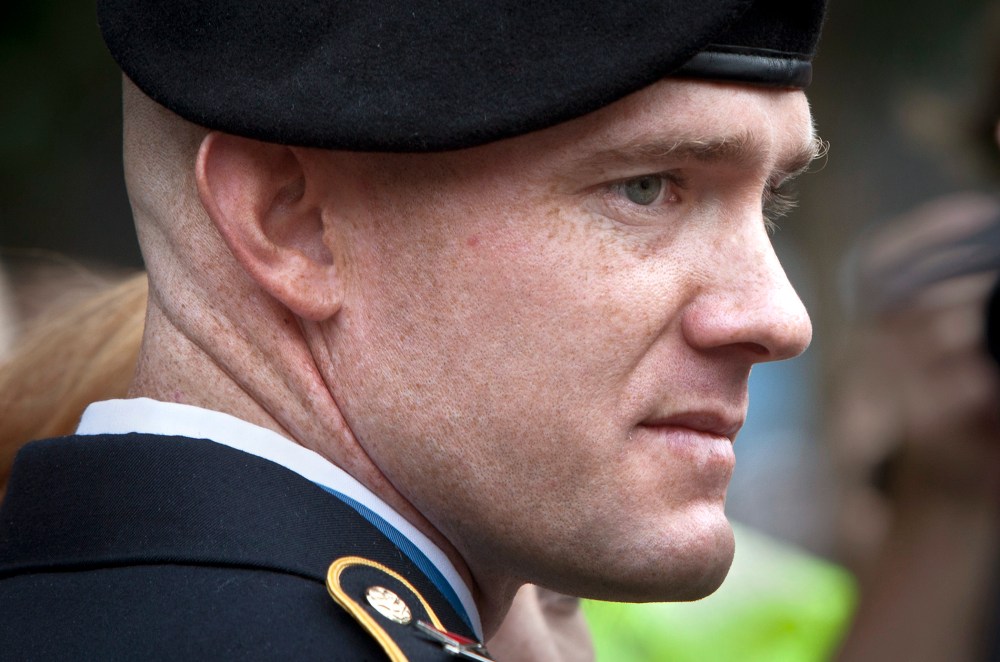 Medal of Honor recipient U.S. Army Staff Sergeant Ty Carter is seen leaving the National September 11 Memorial in New York
