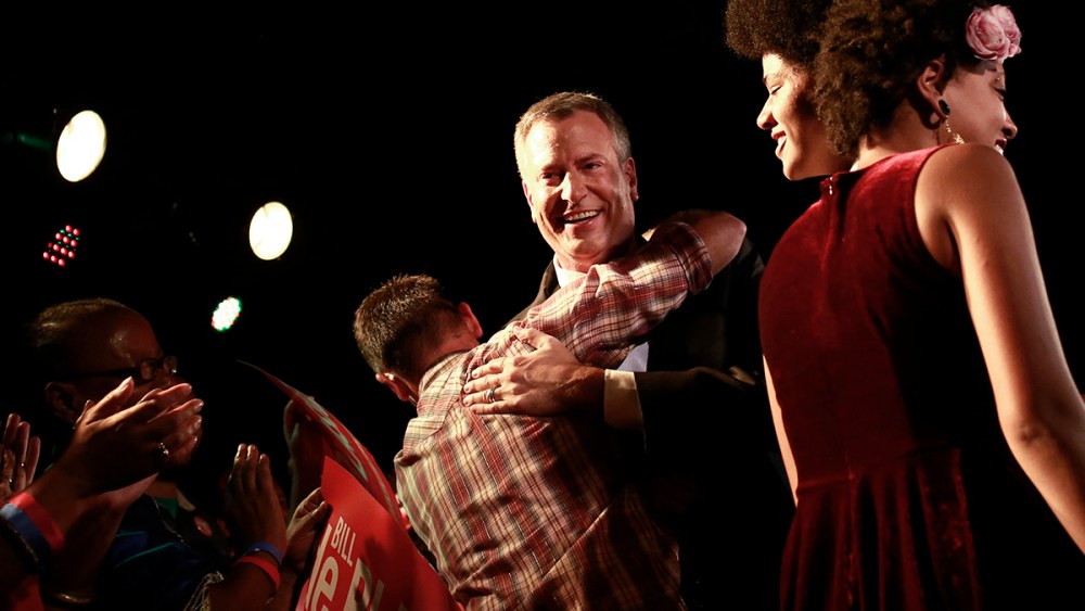 Democratic candidate for New York City mayor Bill de Blasio celebrates with supporters after his mayoral primary results party in New York September 10, 2013.