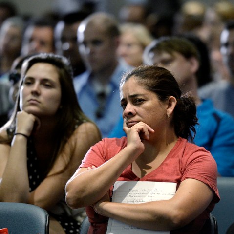 Town hall attendees during a community forum on the Affordable Care Act hosted by Senators Diane Feinstein and Barbara Boxer in Long Beach California