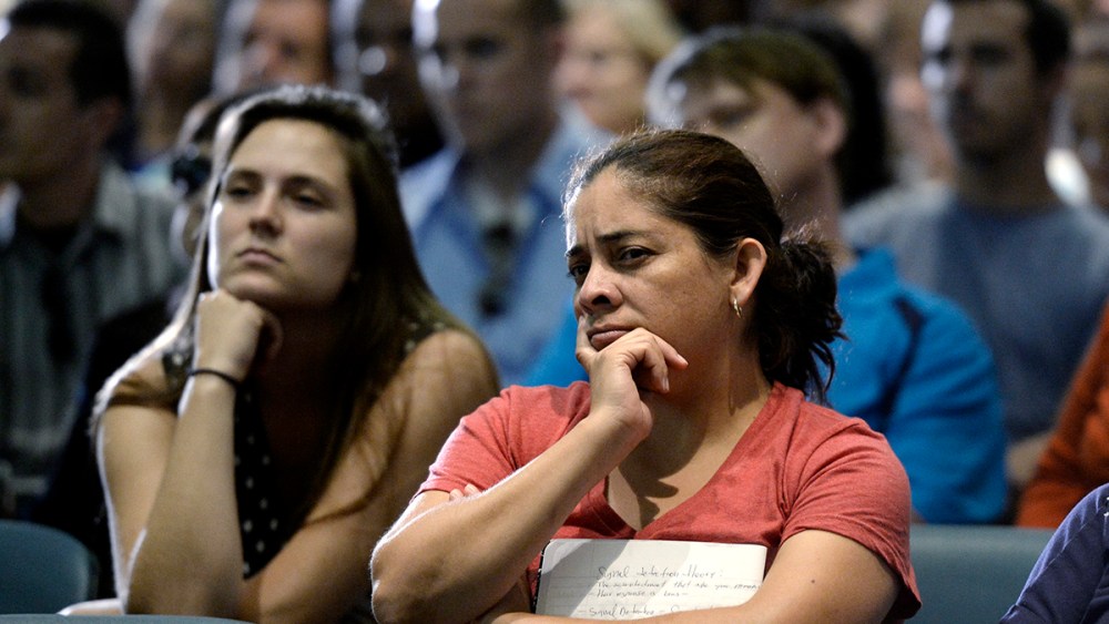 Town hall attendees during a community forum on the Affordable Care Act hosted by Senators Diane Feinstein and Barbara Boxer in Long Beach California