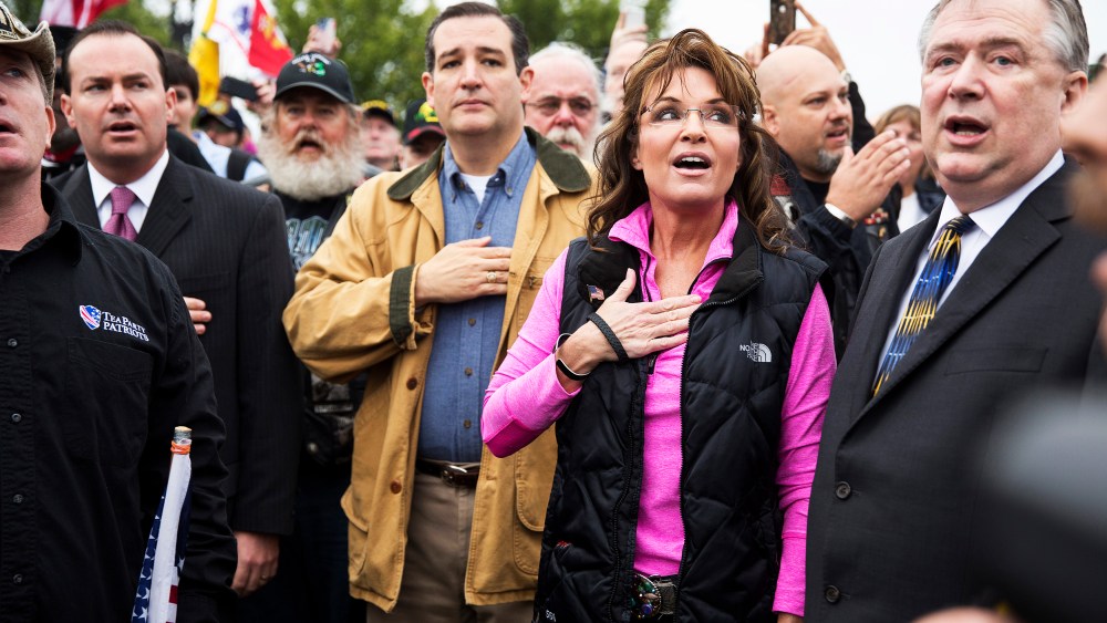 Former Alaska Governor Sarah Palin speaks at the "Million Vet March on the Memorials" at the U.S. National World War II Memorial in Washington October 13, 2013.