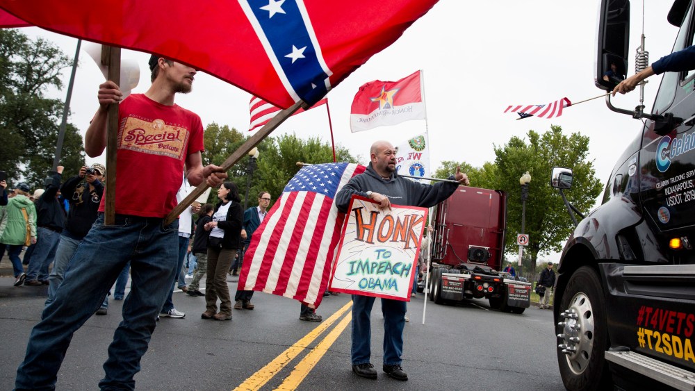 Protesters with the "Million Vet March on the Memorials" rally in front of the National U.S. World War II Memorial in Washington on Oct. 13, 2013.
