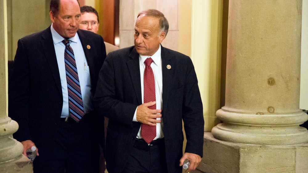 Representatives Ted Yoho and Steve King walk from a meeting with Speaker of the House John Boehner on Capitol Hill in Washington on October 15, 2013.