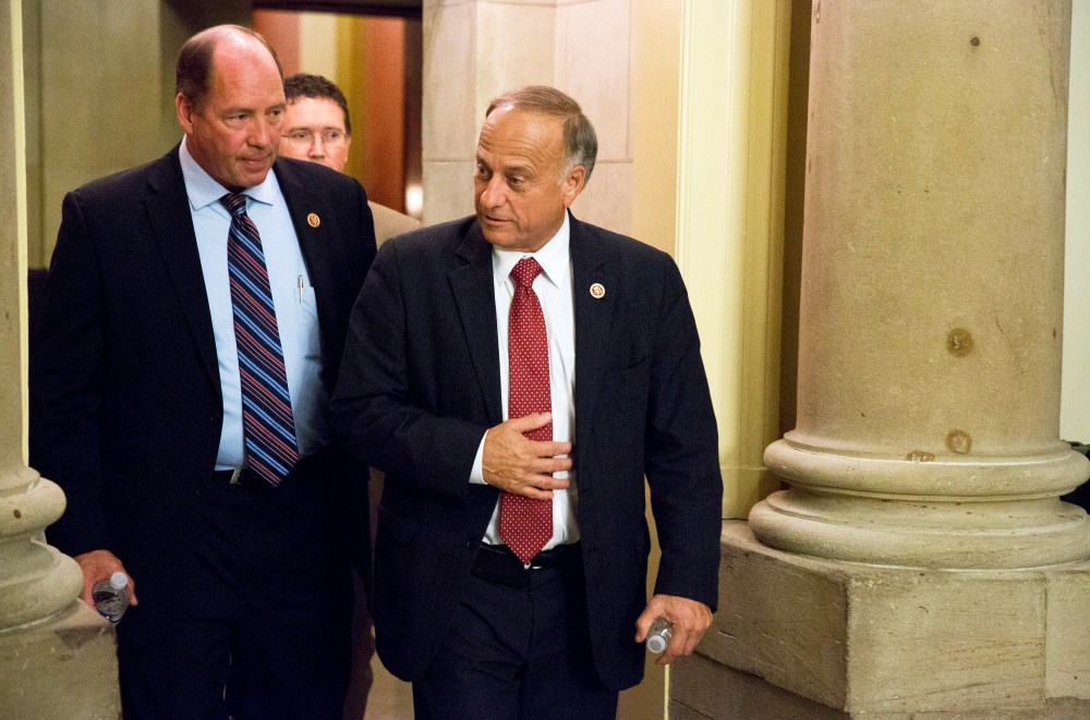 Representatives Ted Yoho and Steve King walk from a meeting with Speaker of the House John Boehner on Capitol Hill in Washington on October 15, 2013.
