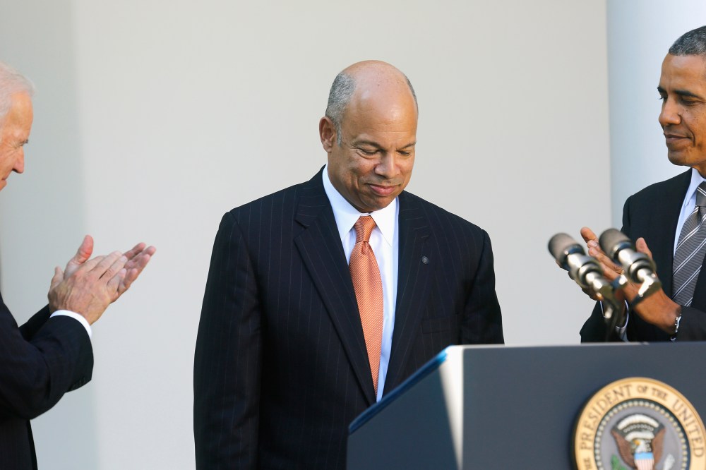 U.S. President Barack Obama and Vice President Joe Biden applaud after announcing Jeh Johnson to be nominee for Secretary of Homeland Security, in the Rose Garden of the White House in Washington, October 18, 2013.
