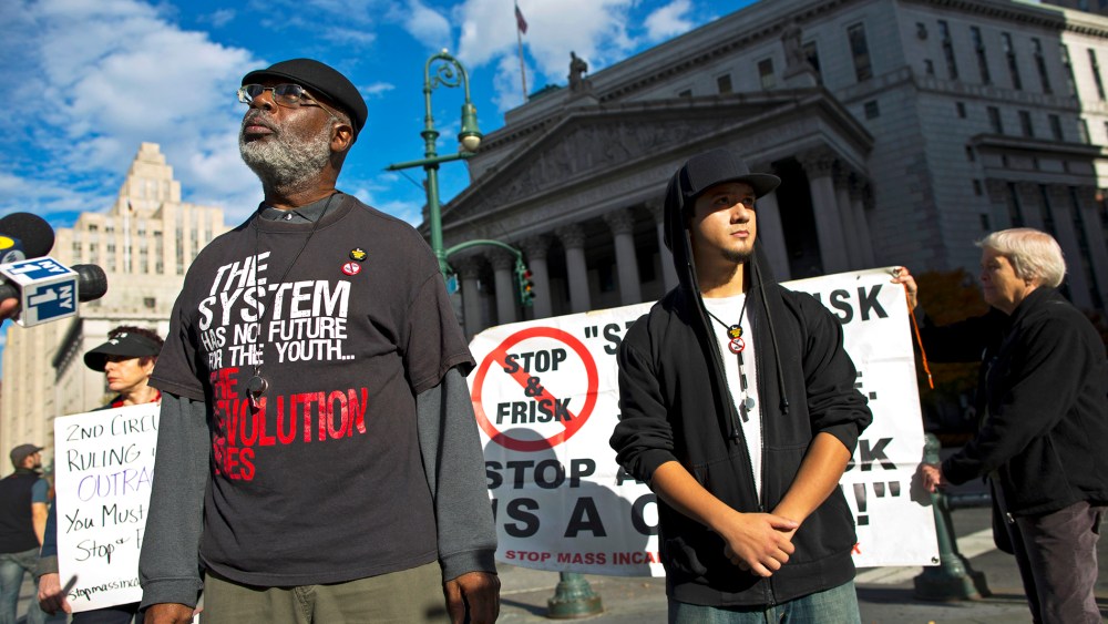 Carl Dix speaks at a news conference against the Stop-and-Frisk program, outside the Federal Court in New York, Nov. 1, 2013.