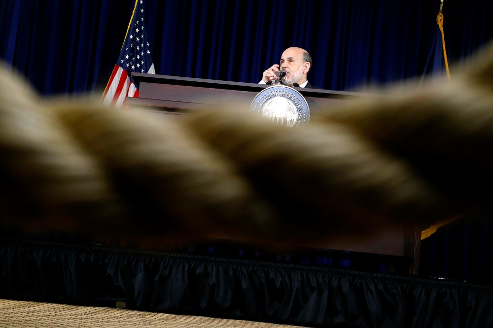 U.S. Federal Reserve Chairman Ben Bernanke during his final planned news conference before his retirement, at the Federal Reserve Bank headquarters in Washington, Dec. 18, 2013.