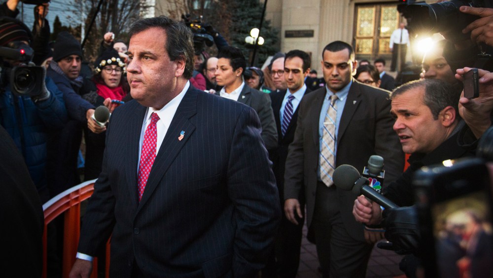 New Jersey Governor Chris Christie departs City Hall in Fort Lee, New Jersey, Jan. 9, 2014.