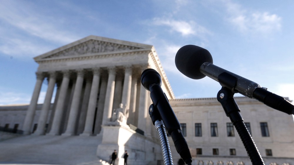 Microphones are set up in front of the U.S. Supreme Court in Washington on Jan. 13, 2014.