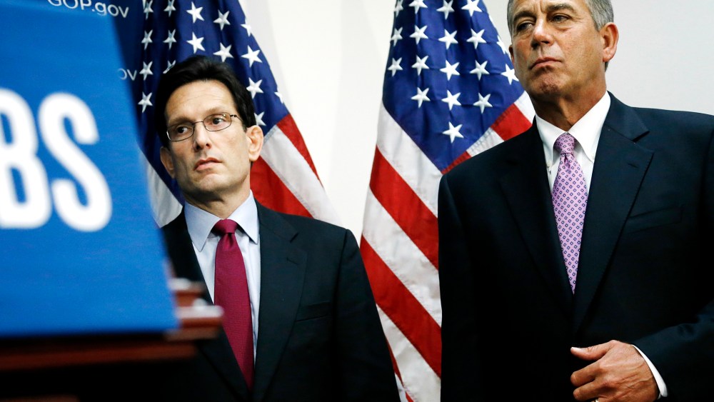 House Majority Leader Eric Cantor (R-VA) (L) stands with House Speaker John Boehner (R-OH) at a news conference, Jan. 14, 2014 in Washington.