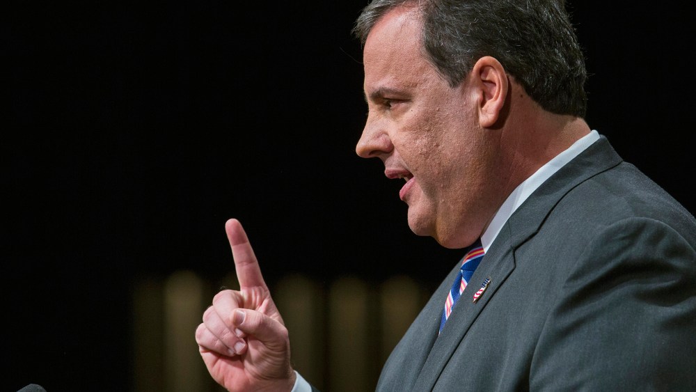 New Jersey Governor Chris Christie speaks after his swearing in ceremony inside of the Patriots Theater at the War Memorial in Trenton, New Jersey Jan. 21, 2014.