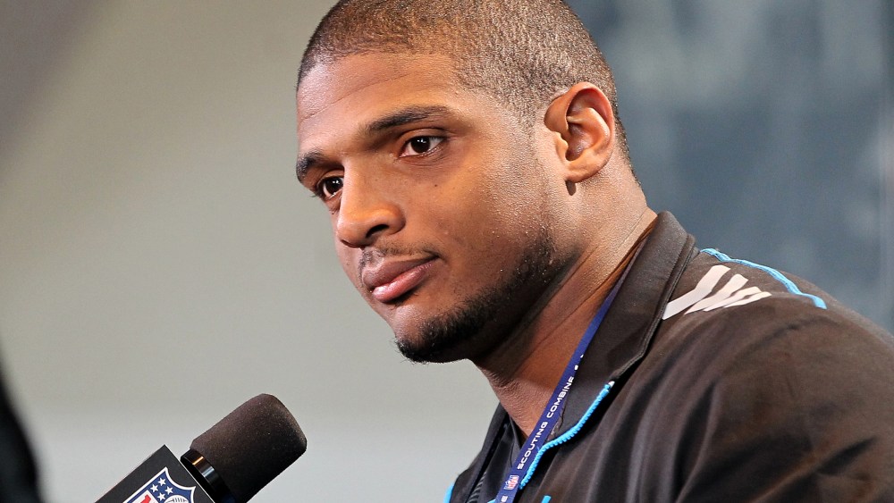 Michael Sam speaks at the NFL Combine at Lucas Oil Stadium, Feb. 22, 2014, in Indianapolis, Ind.