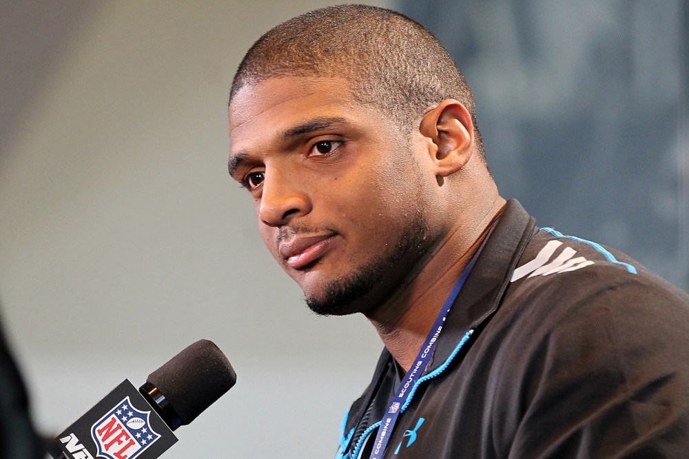 Michael Sam speaks at the NFL Combine at Lucas Oil Stadium, Feb. 22, 2014, in Indianapolis, Ind.