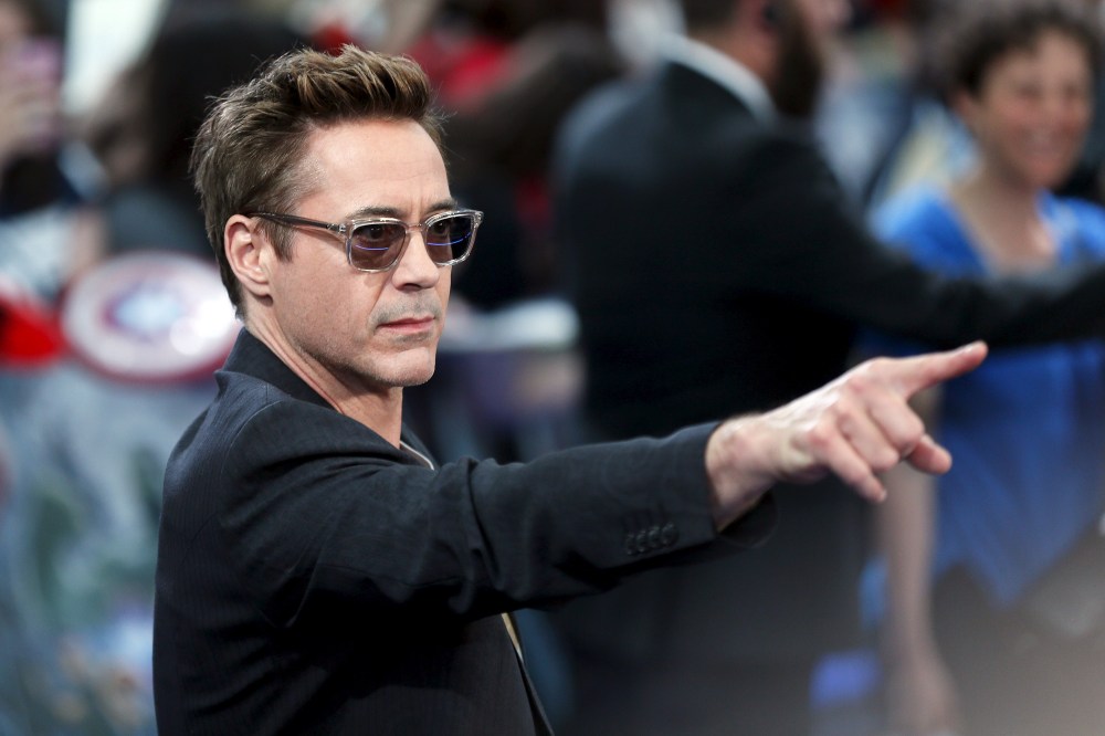 Cast member Downey Jr.  poses at the european premiere of "Avengers: Age of Ultron" at Westfield shopping centre, Shepherds Bush, London