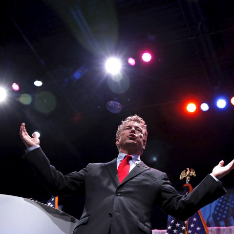 Republican U.S. Presidential candidate and Senator of Kentucky Rand Paul speaks at the Iowa Faith and Freedom Coalition forum in Waukee, Iowa, April 25, 2015. (Photo by Jim Young/Reuters)