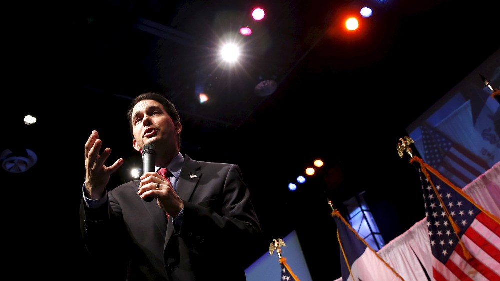 Governor of Wisconsin and potential Republican U.S. Presidential candidate Scott Walker speaks at the Iowa Faith and Freedom Coalition's forum in Waukee, Iowa, April 25, 2015. (Photo by Jim Young/Reuters)