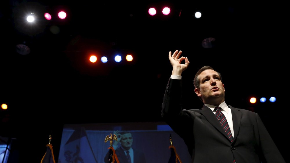Republican U.S. Presidential candidate and Senator of Texas Ted Cruz speaks at the Iowa Faith and Freedom Coalition's forum in Waukee, Iowa, April 25, 2015. (Photo by Jim Young/Reuters)