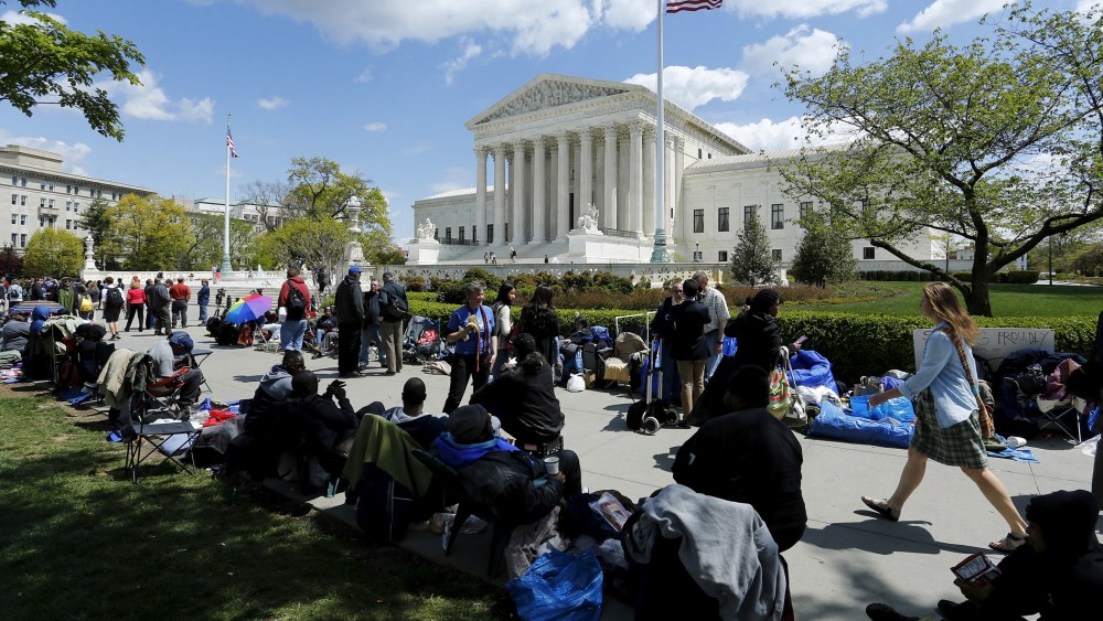 People wait in line for as many as four days to get a seat in the gallery to watch arguments in the same-sex marriage case Obergefell v. Hodges, at the U.S. Supreme Court in Washington, D.C., April 27, 2015. (Photo by Jonathan Ernst/Reuters)