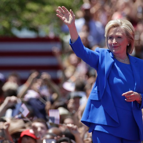U.S. Democratic presidential candidate Hillary Clinton waves before she delivers her "official launch speech" at a campaign kick off rally in New York City on June 13, 2015. (Photo by Brendan McDermid/Reuters)