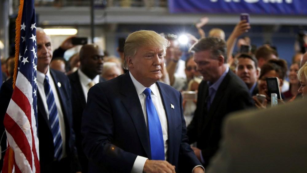 Republican presidential candidate Donald Trump arrives at a rally in Manchester, N.H., June 17, 2015. (Photo by Dominick Reuter/Reuters)