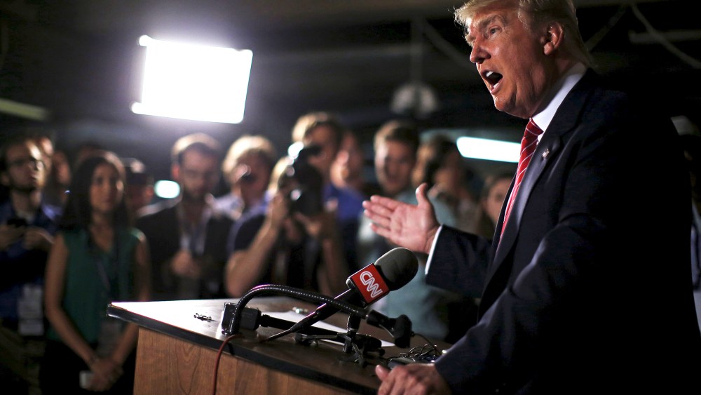 U.S. Republican presidential candidate Donald Trump speaks at a news conference at the Family Leadership Summit in Ames, Iowa, United States, July 18, 2015. (Photo by Jim Young/Reuters)