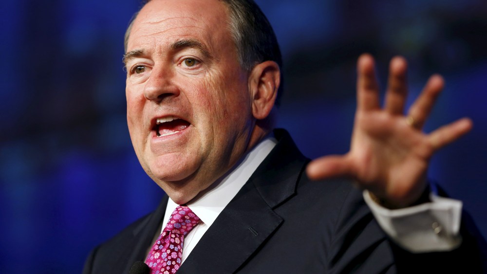 U.S. Republican presidential candidate Mike Huckabee speaks in San Diego, Calif. (Photo by Mike Blake/Reuters).