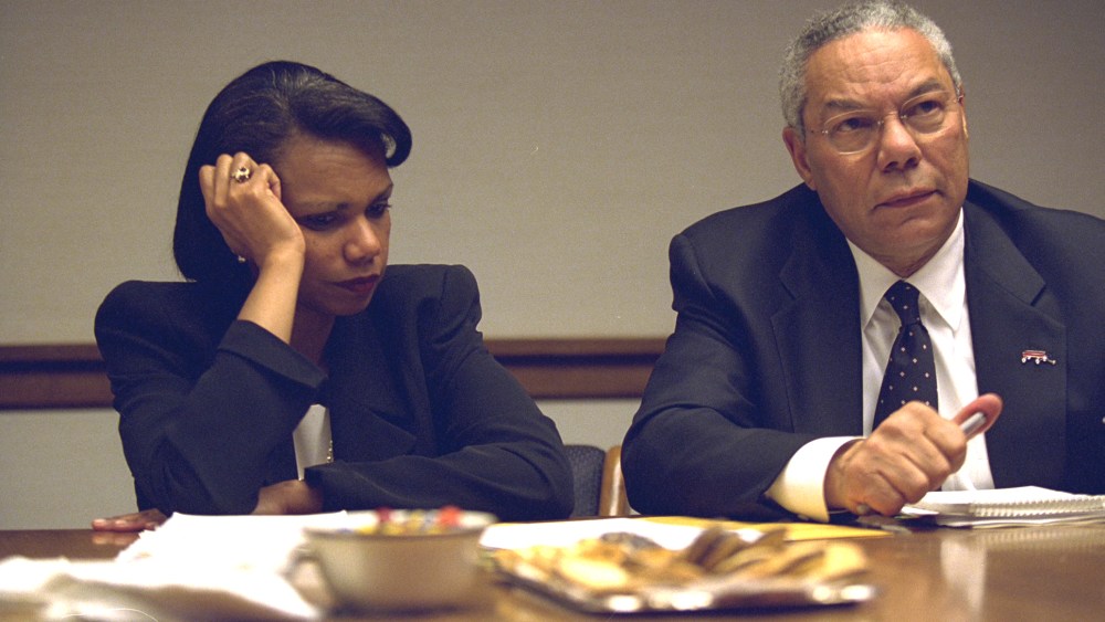 Secretary of State Colin Powell and National Security Advisor Condoleezza Rice in the President's Emergency Operations Center in Washington in  the hours following the September 11, 2001 attacks in this U.S National Archives handout photo
