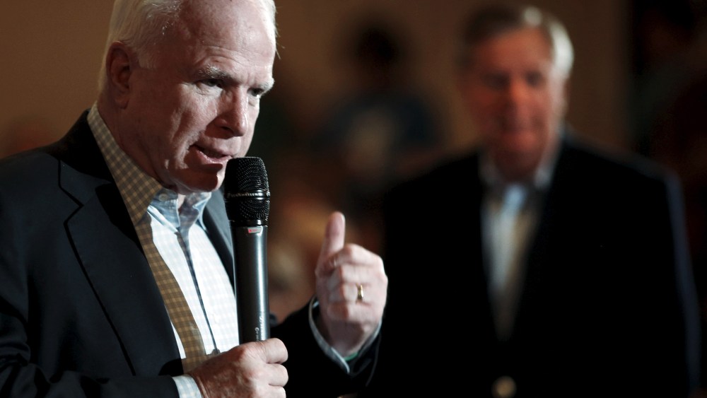 Arizona Senator John McCain speaks at a campaign town hall event for South Carolina Senator and U.S. Republican presidential candidate Lindsey Graham in Manchester, N.H., Aug. 1, 2015. (Photo by Dominick Reuter/Reuters)