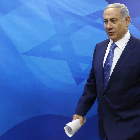 Israel's Prime Minister Benjamin Netanyahu arrives to the weekly cabinet meeting at his office in Jerusalem on Aug. 2, 2015 (Photo by Gali Tibbon/Pool/Reuters).