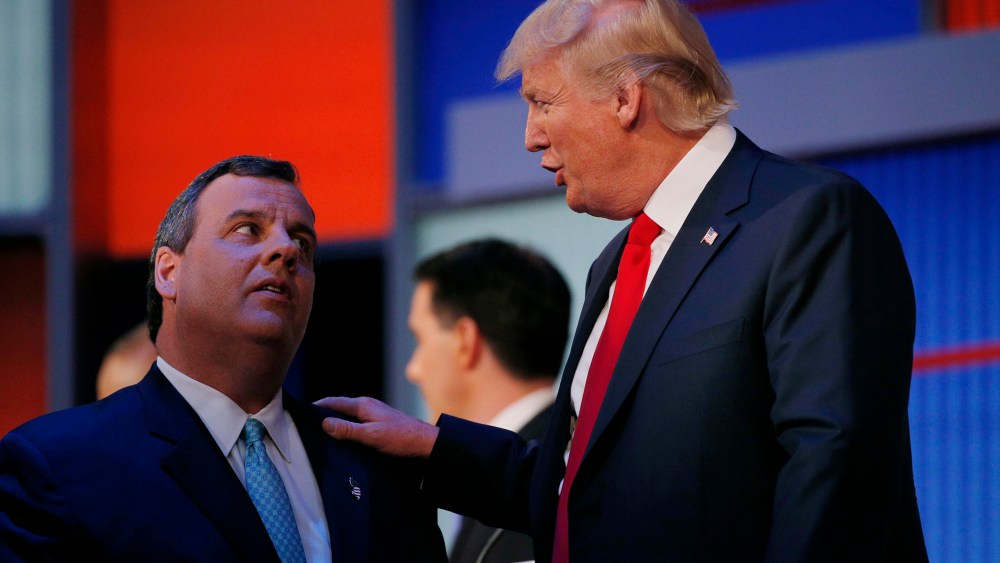 Republican 2016 U.S. presidential candidates Chris Christie and Donald Trump talk during a commercial break in the first official Republican presidential debate of the 2016 campaign in Cleveland, Ohio, Aug. 6, 2015. (Photo by Brian Snyder/Reuters)