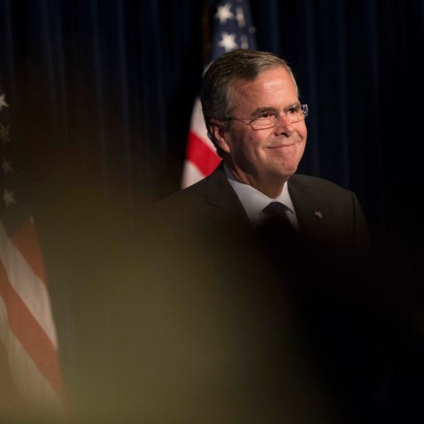 Republican presidential candidate Jeb Bush is acknowledged by guests after delivering remarks at a Reagan Forum at Ronald Reagan Presidential Library in Simi Valley, Calif., Aug. 11, 2015. (Photo by Mario Anzuoni/Reuters)
