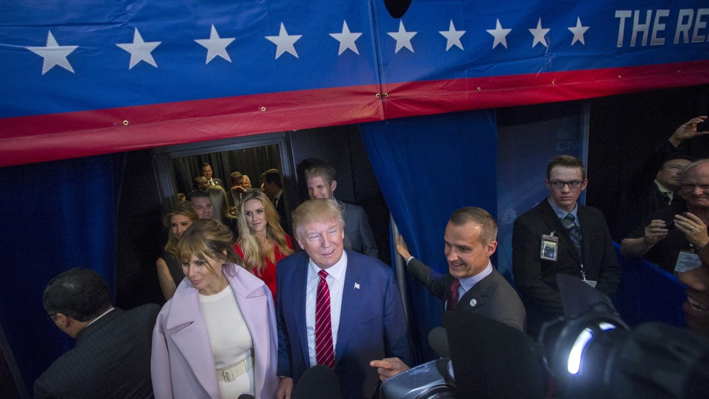 Republican U.S. presidential candidate Donald Trump speaks with the media following the 2016 U.S. Republican presidential candidates debate held by CNBC in Boulder, Colo., Oct. 28, 2015. (Photo by Evan Semon/Reuters)