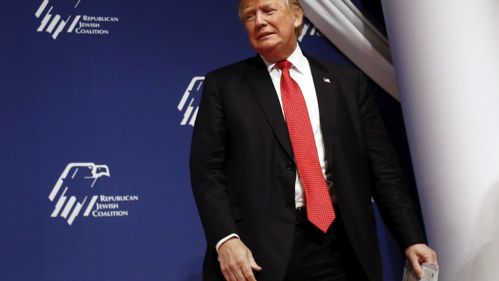 Republican presidential candidate Donald Trump arrives at the Republican Jewish Coalition's Presidential Forum in Washington Dec. 3, 2015. (Photo by Yuri Gripas/Reuters)