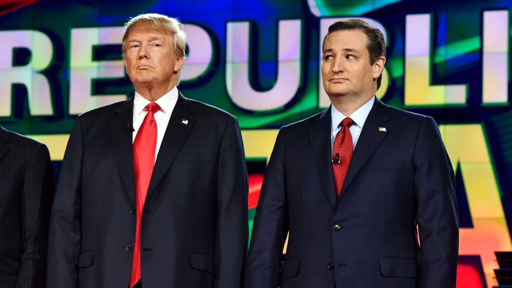Republican U.S. presidential candidates businessman Donald Trump and Senator Ted Cruz pose together before the start of the Republican presidential debate in Las Vegas, Nev., Dec. 15, 2015. (Photo by David Becker/Reuters)