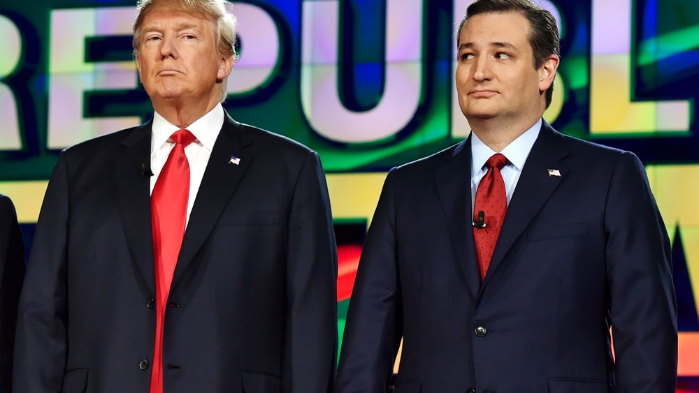 Republican U.S. presidential candidates businessman Donald Trump and Senator Ted Cruz pose together before the start of the Republican presidential debate in Las Vegas, Nev., Dec. 15, 2015. (Photo by David Becker/Reuters)