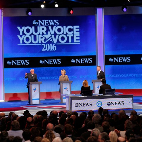 Democratic U.S. presidential candidates Bernie Sanders, Hillary Clinton and Martin O'Malley discuss issues at the presidential debate at St. Anselm College in Manchester, N.H., Dec. 19, 2015. (Photo by Brian Snyder/Reuters)