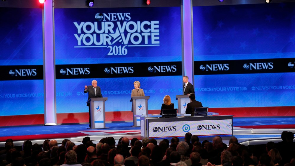 Democratic U.S. presidential candidates Bernie Sanders, Hillary Clinton and Martin O'Malley discuss issues at the presidential debate at St. Anselm College in Manchester, N.H., Dec. 19, 2015. (Photo by Brian Snyder/Reuters)